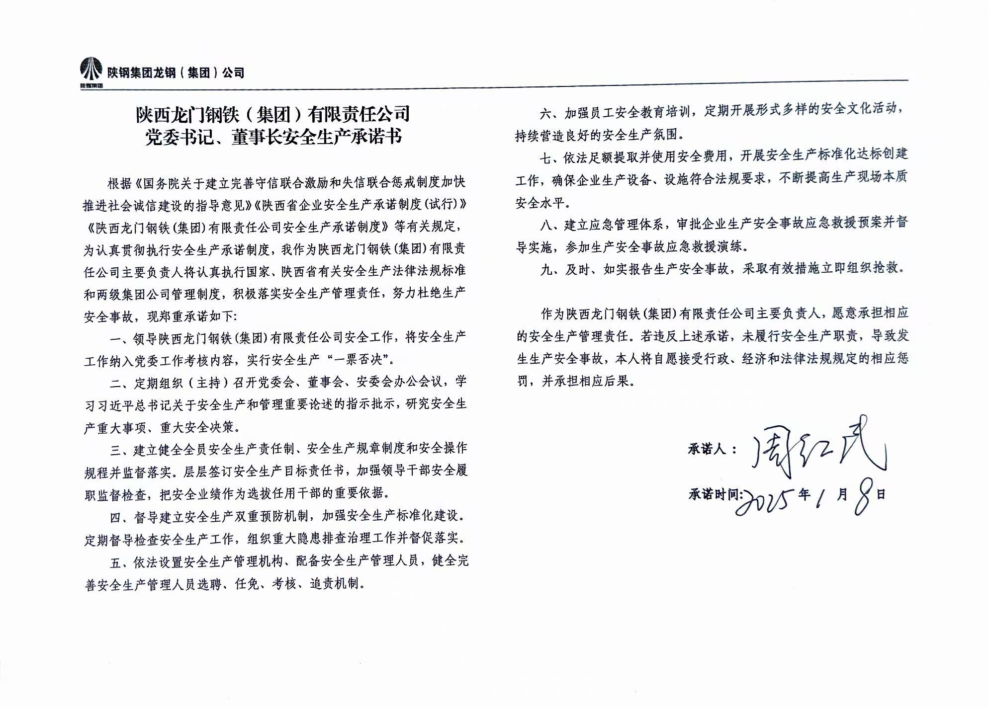 陜西龍門鋼鐵（集團(tuán)）有限責(zé)任公司主要負(fù)責(zé)人安全生產(chǎn)承諾書